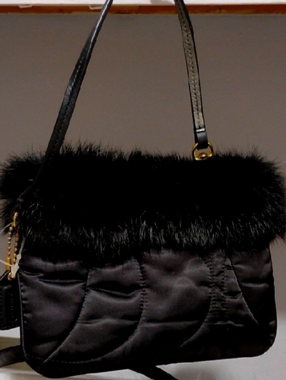 Coach Soho Ski Rabbit Fur Signature C Black Quilted Satin Wristlet - NWT